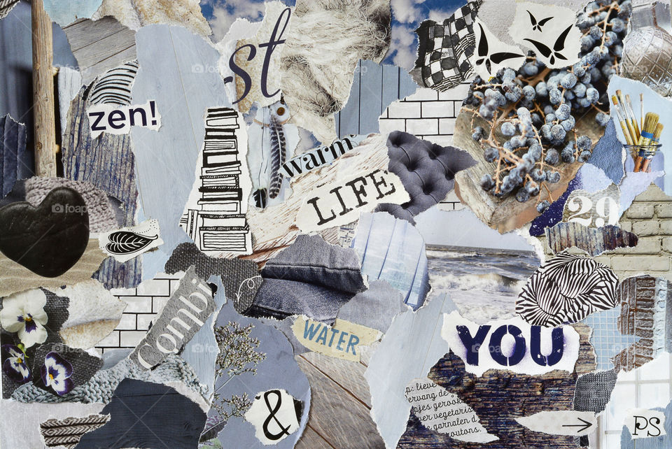 collage moodboard made of pieces of paper results in color art