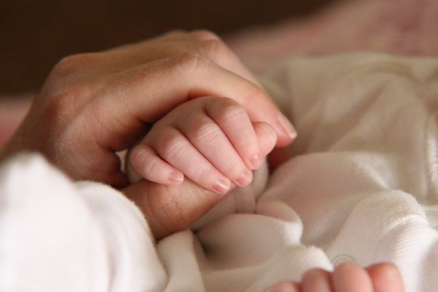 Close-up of newborn baby holdings his mother finger