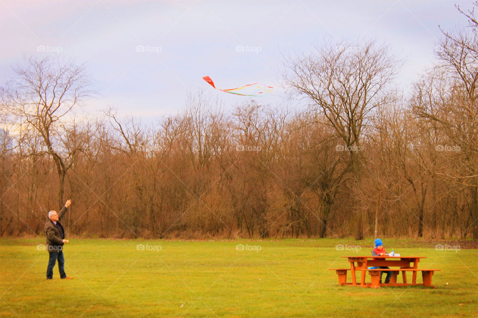 Flying lotes. Granfather and grandson flying kites in the park