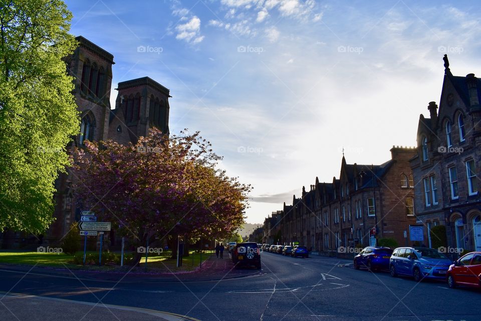 Quaint street view of St. Andrews Cathedral & Inverness, Scotland.