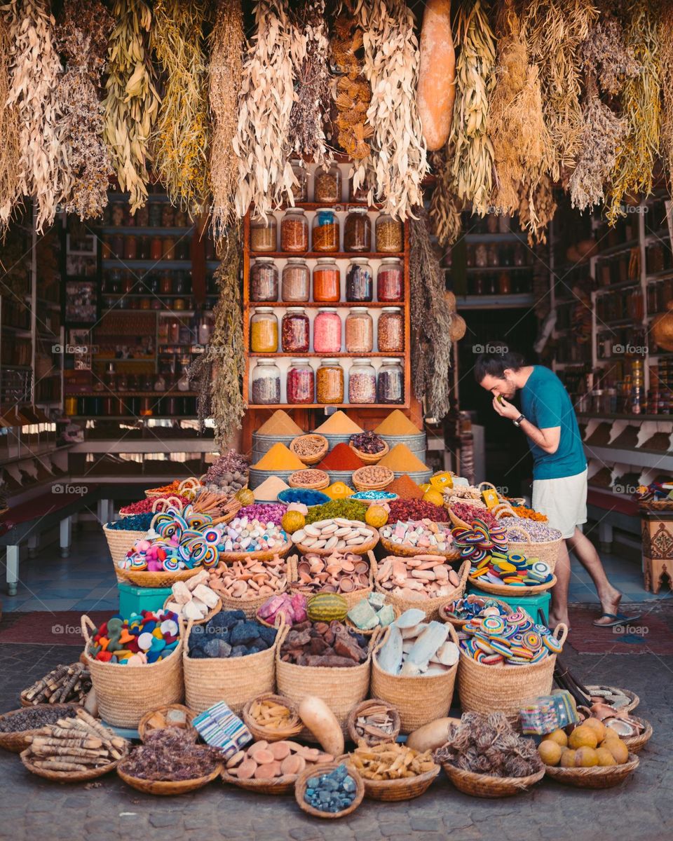 A picture of a spice shop in Marrakesh, Morocco