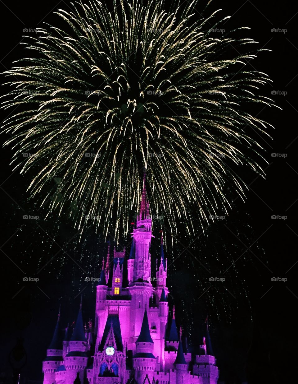 A purple cinderella's castle and gold firework 