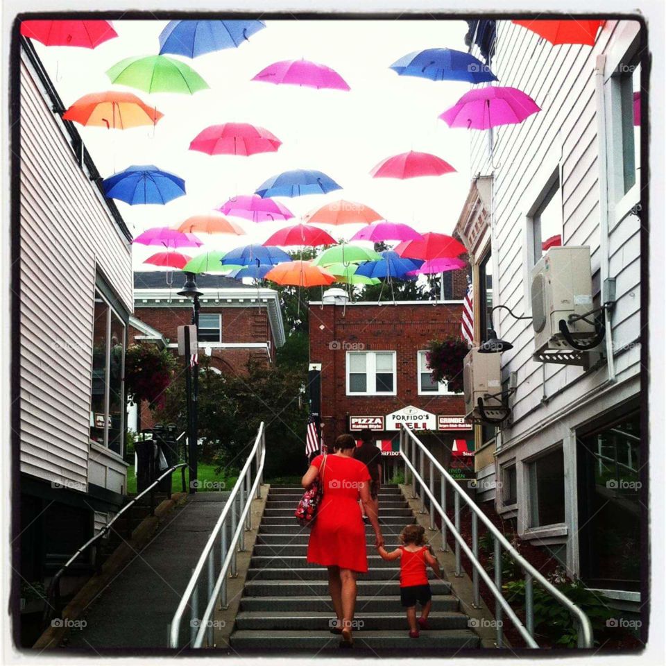 under the umbrellas