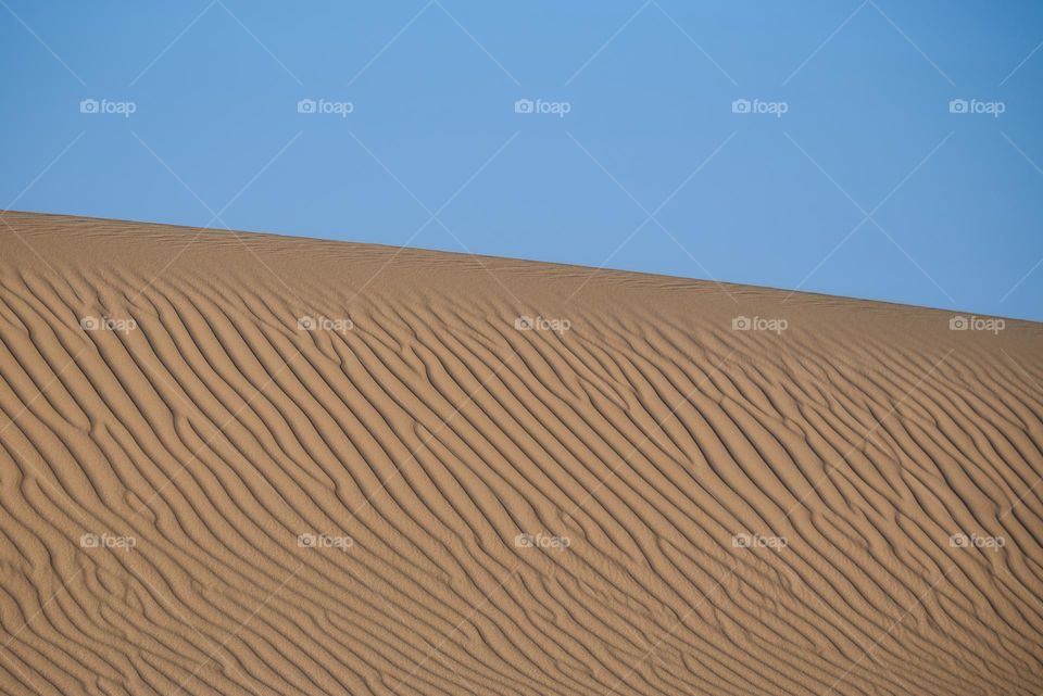 The texture of the sand ripples contrasted against a clear blue sky provides a perfect natural background image with copy space 