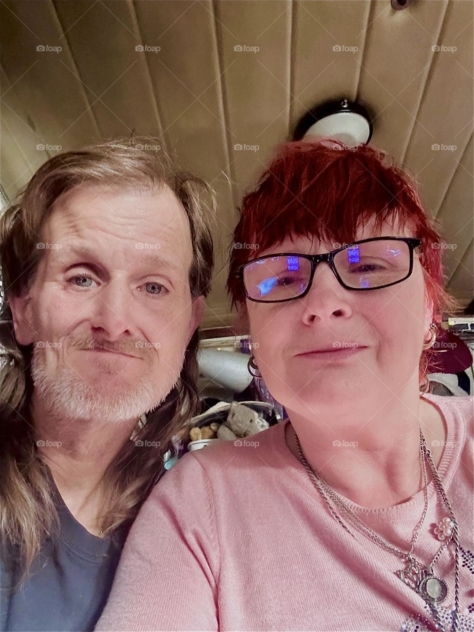 This is us in our happy home, “Timothy Trespas” and I, “Petra Schiller” a.k.a. “Maxine Firefox” a.k.a. “Maximiliane Feuerfuchs” aboard “Salvation”, our “28 ft 1969 Luhrs” cabin cruiser at “Newtown Creek” in LIC, Queens. 2024. Hypnotic Productions