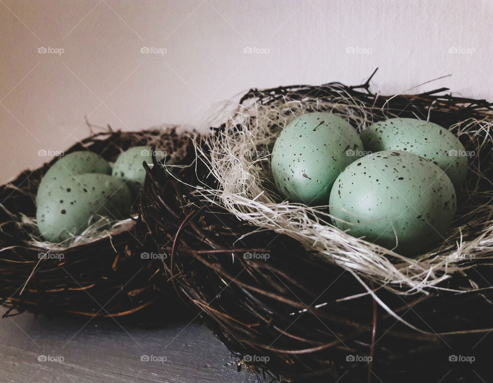 Decorative robin eggs in nests.