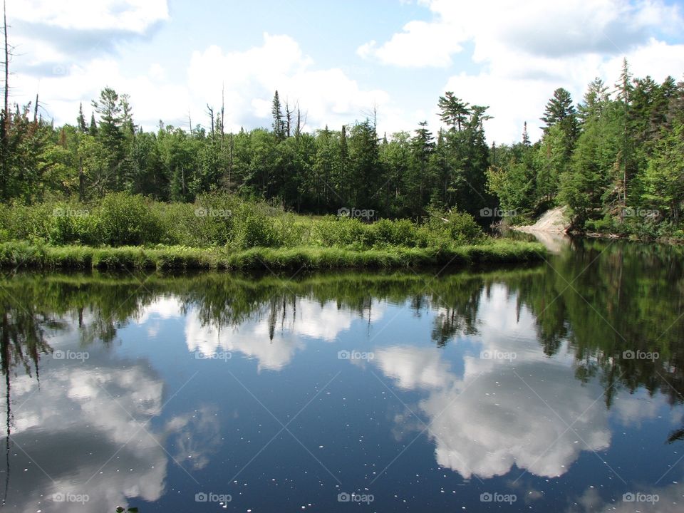 Reflection of clouds and forest on lake