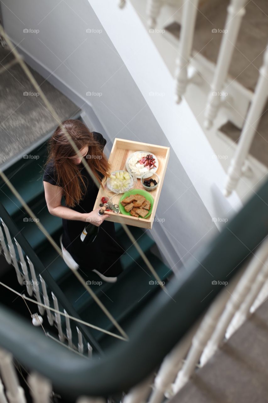A waitress serving food 