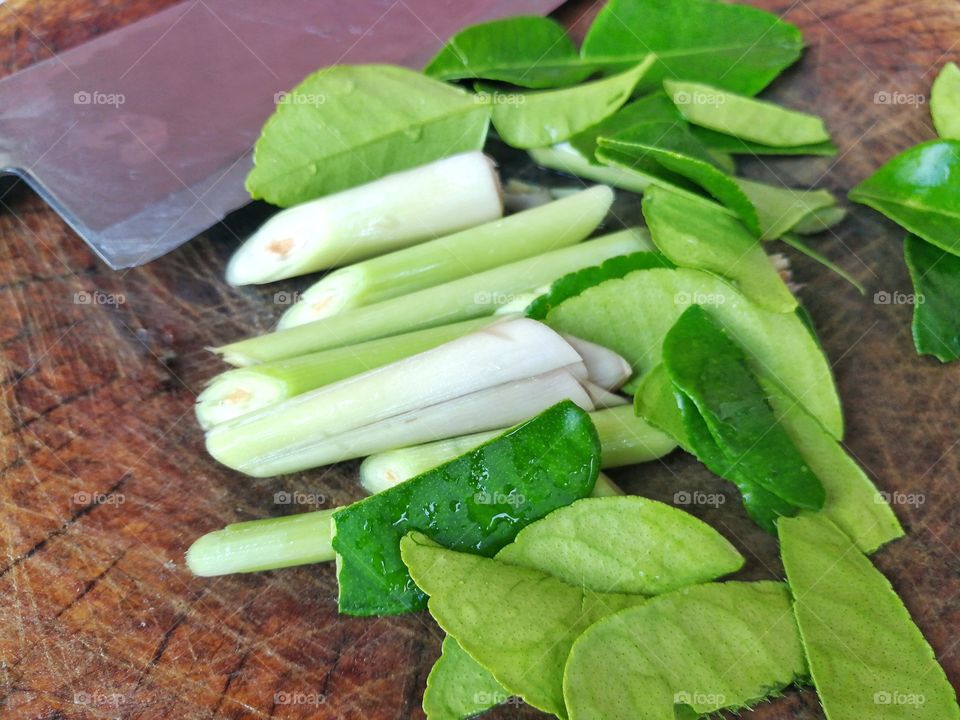 Herb, including lemon grass and kaffir lime leaves.