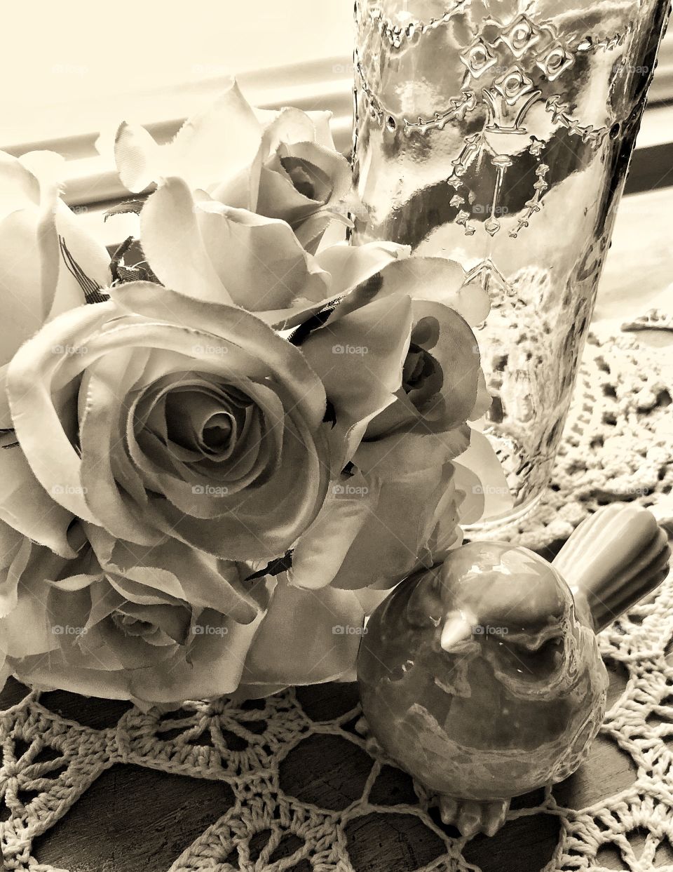 Roses bird glass jar doilies 