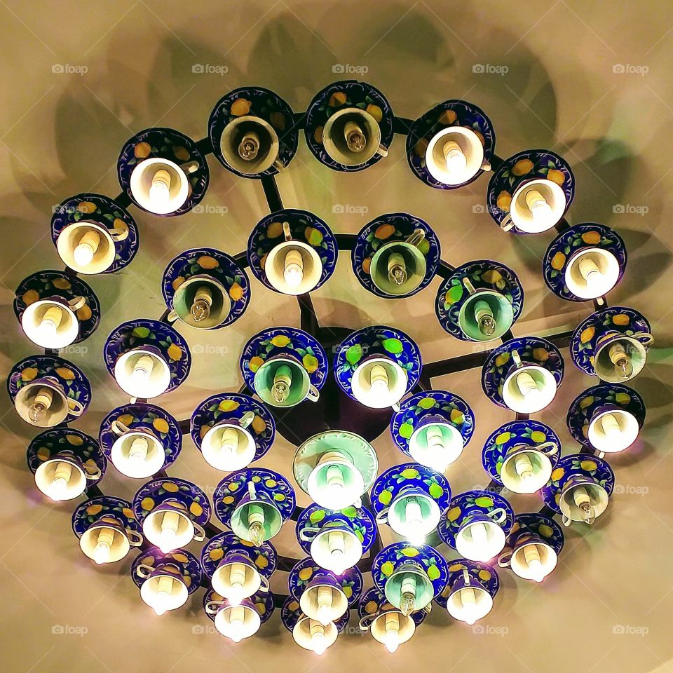 Chandelier made with cups of coffee