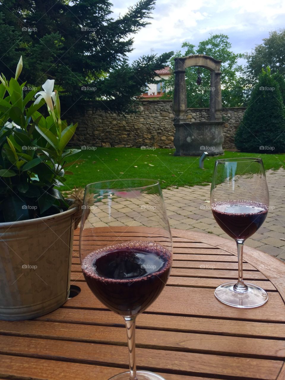 Spanish red wine in a garden setting wig wishing well or water well 