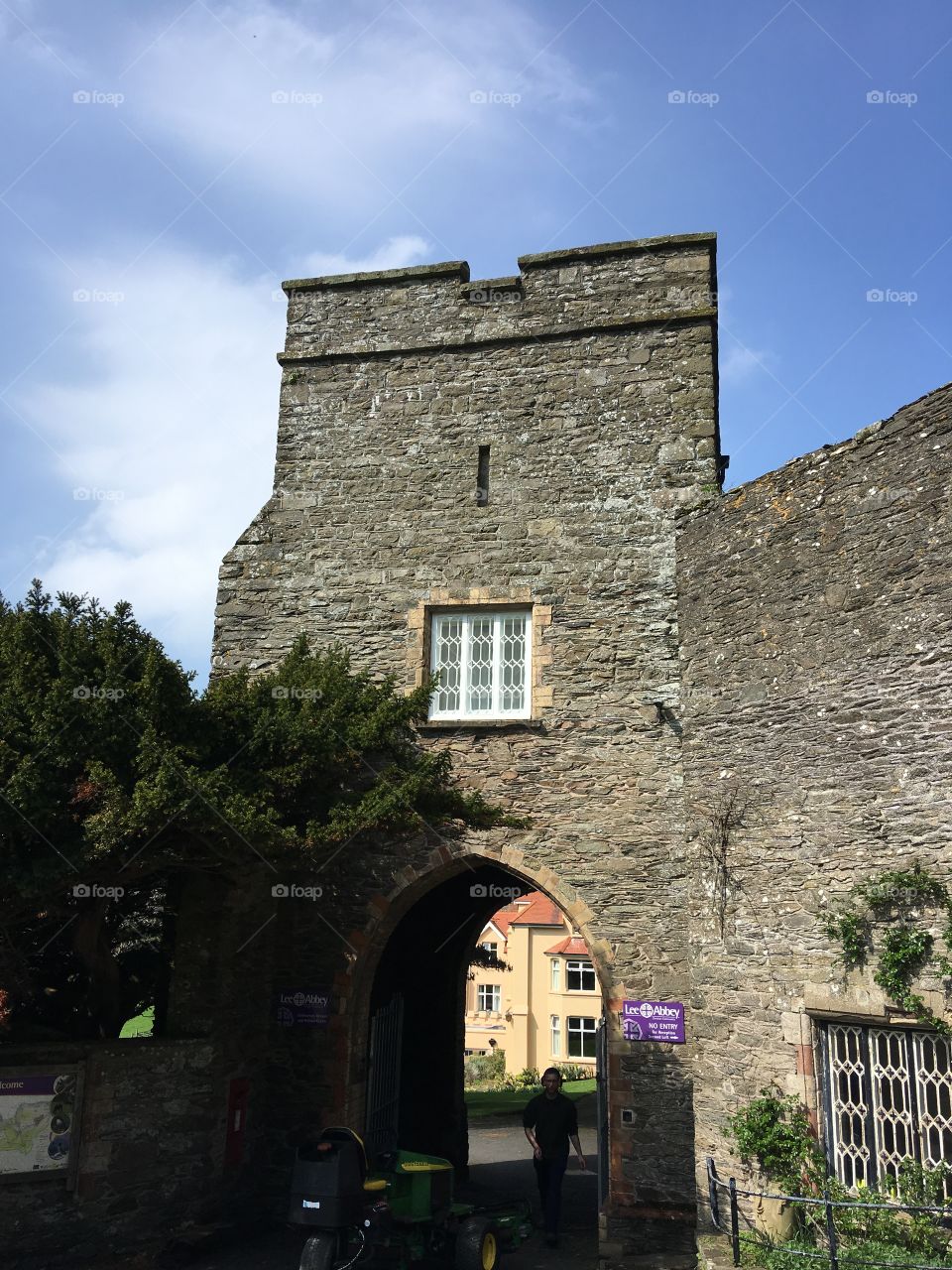 Architecture at a low angle view. Lee abbey near Lee bay, North Devon. The original structure against a beautiful sky. 