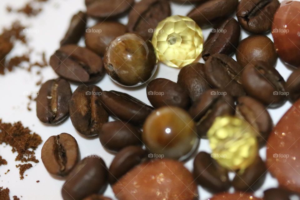 Semi-precious stones and coffee beans