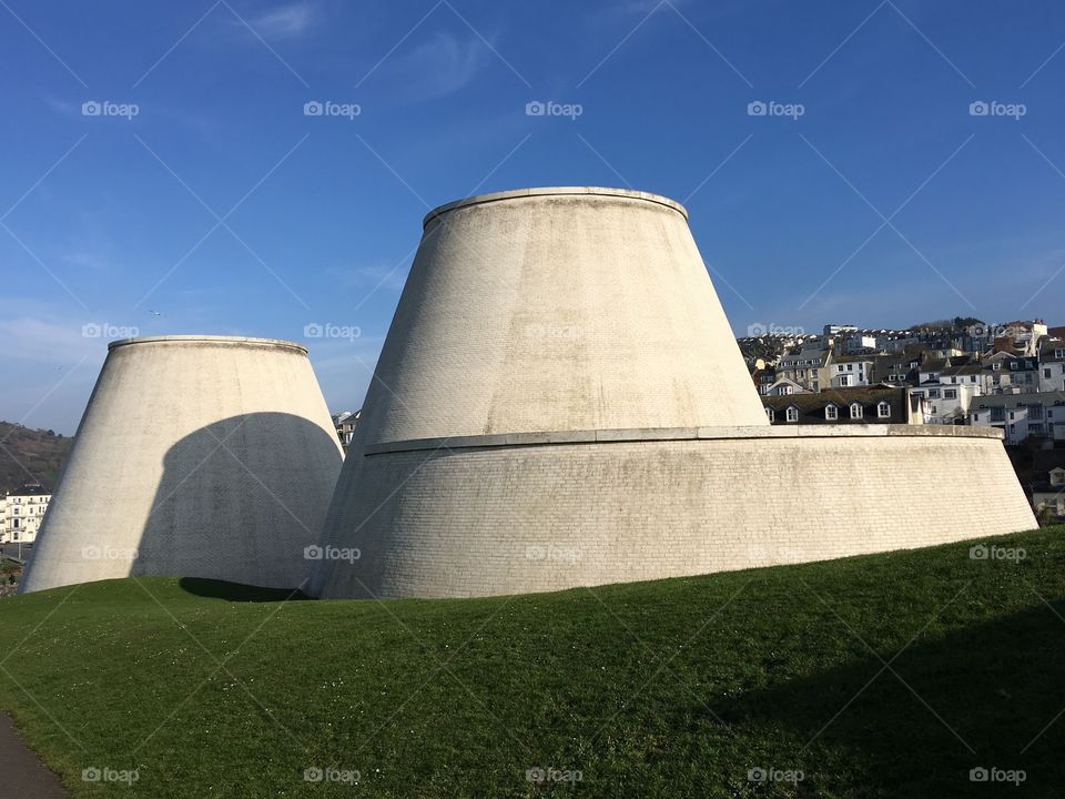 The shapes and lines of Ilfracombe’s Landmark Theatre in North Devon. England The building has been caught in the rule of thirds and sits beautifully against the spring sky. 