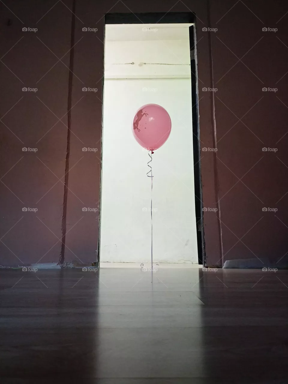 balloon in the doorway, rectangle, balloon, unicorn, minimalism, floor, shadows, light in the dark, pastel colors, light pink, white
