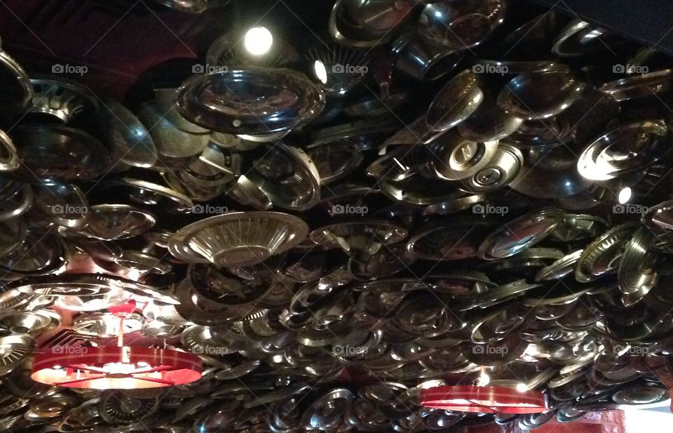 Hubcaps galore. Hubcap ceiling at Chuy's
