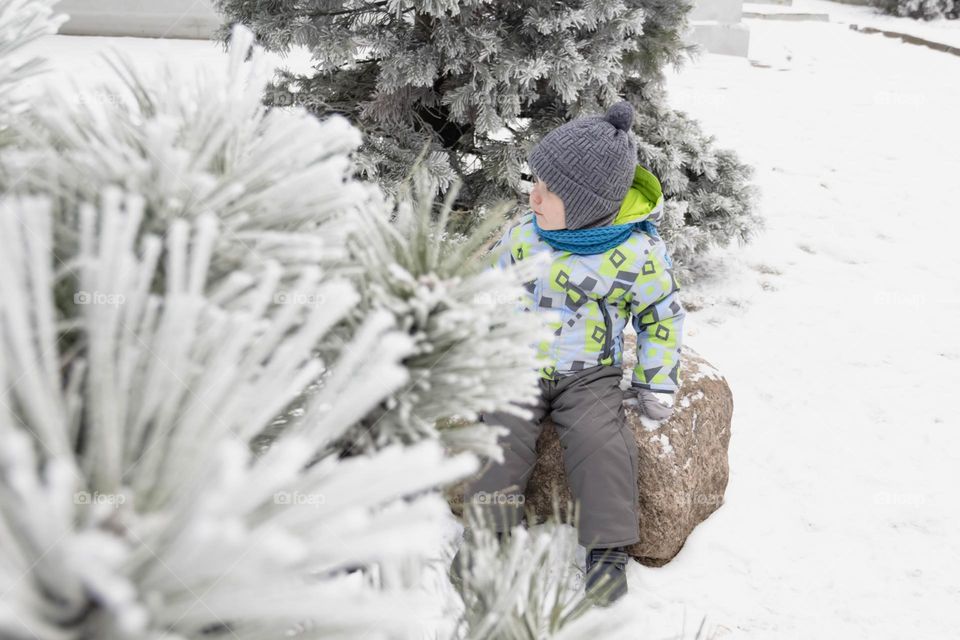 A small, carefree boy walks in winter through the white snow in the park, near the trees in the snow.