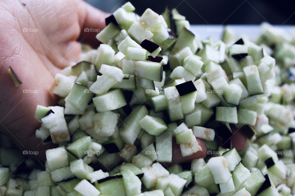 Eggplant cut into small squares(vegetable)