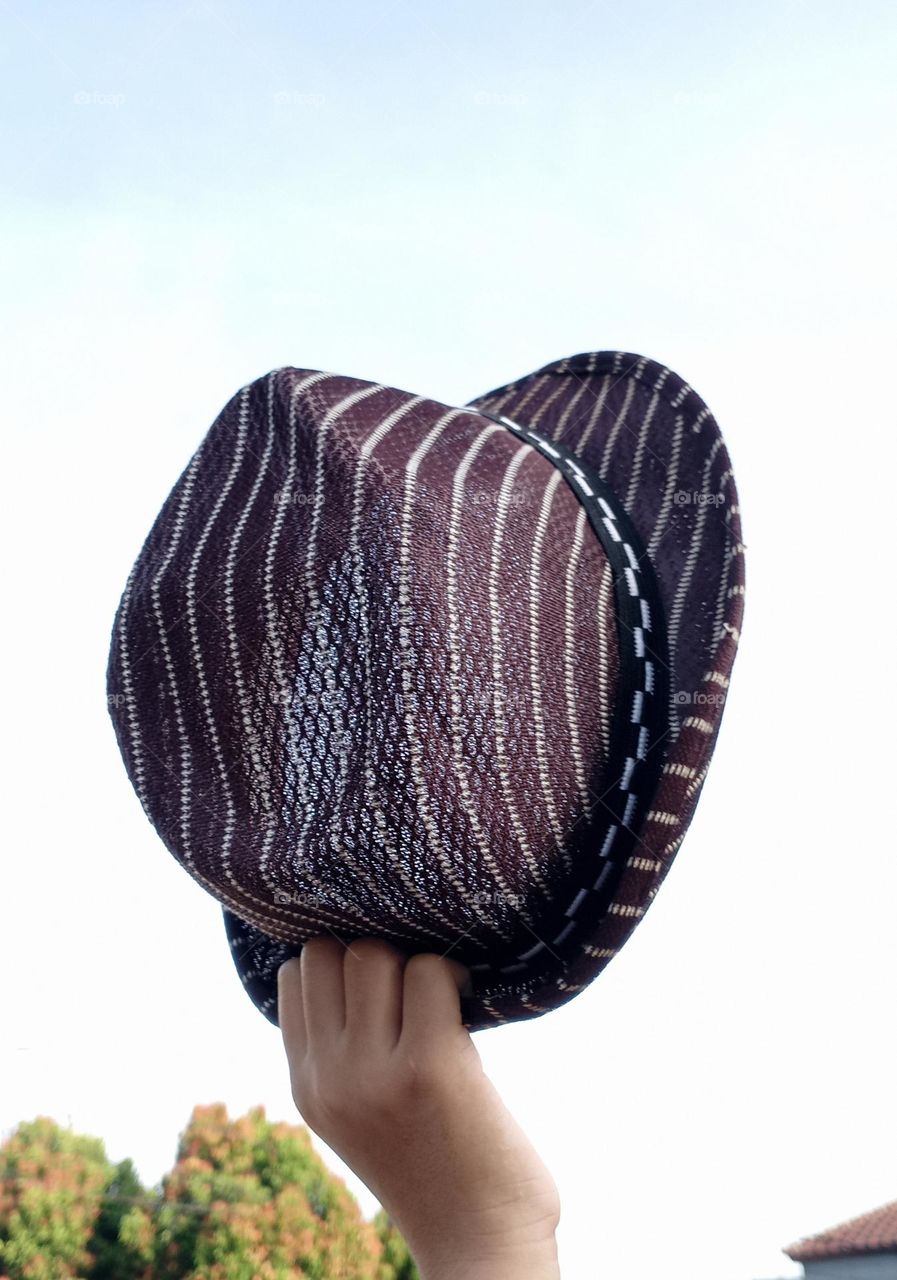 hat in a hand againts bright sky as background