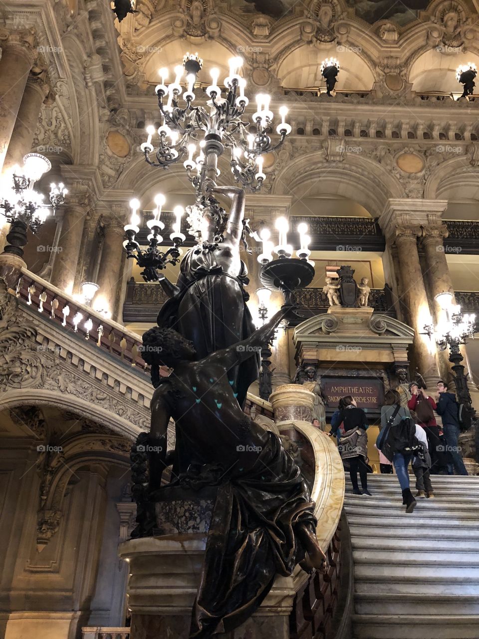 The grand staircase inside the Garnier Opera House in Paris, France. 