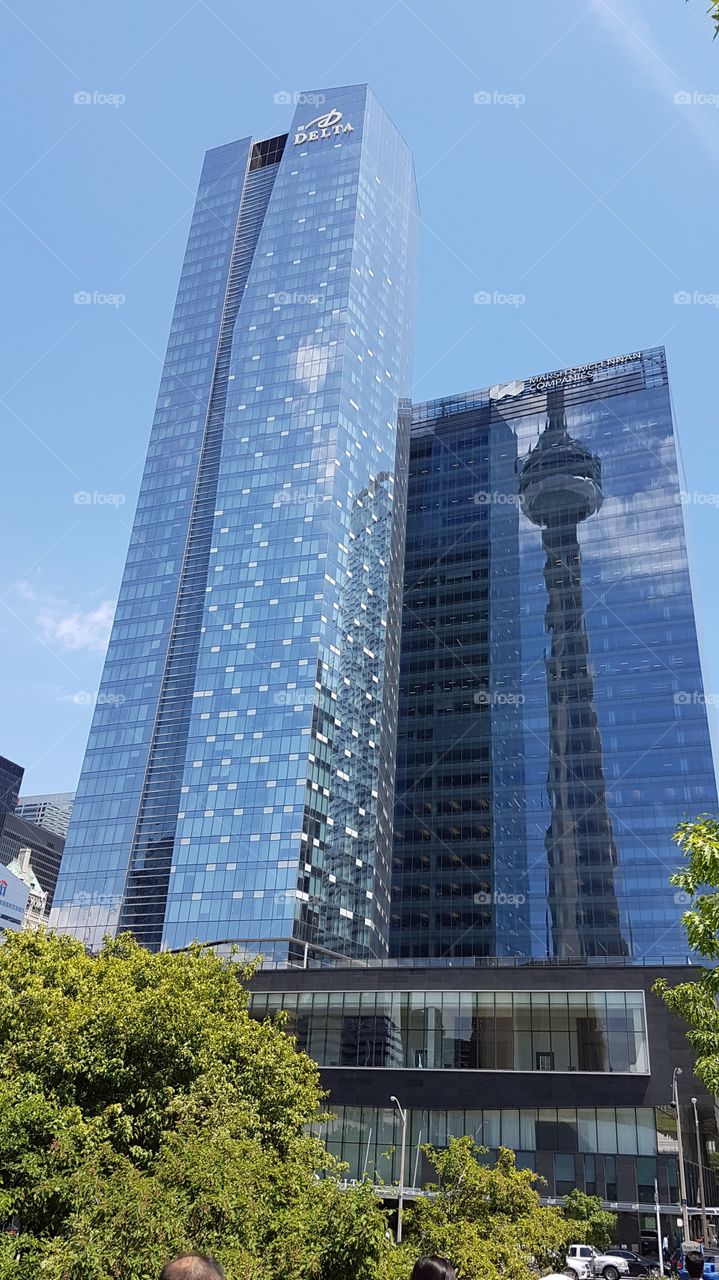 Reflection of the tower in Toronto buildings