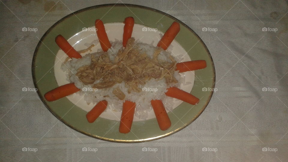 Shredded Pork, White Rice and Steamed Baby Carrots