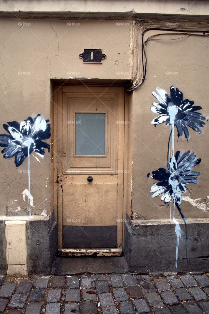 Beautifully decorated house. Front door of a house in the art centre of Montmartre in Paris. 