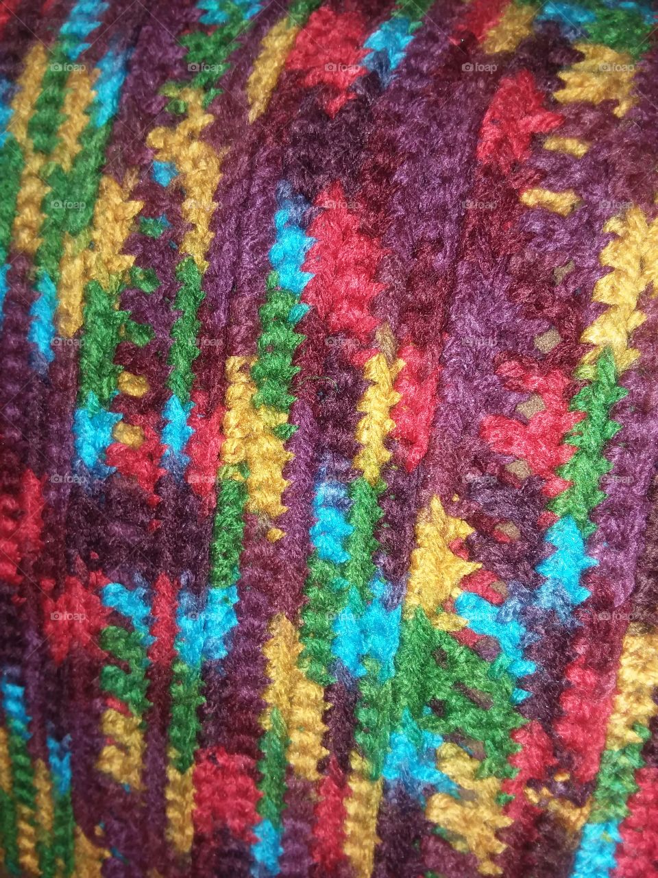 Handmade Crocheted Blanket in Green, Blue, Red, Yellow, Brown and Purple