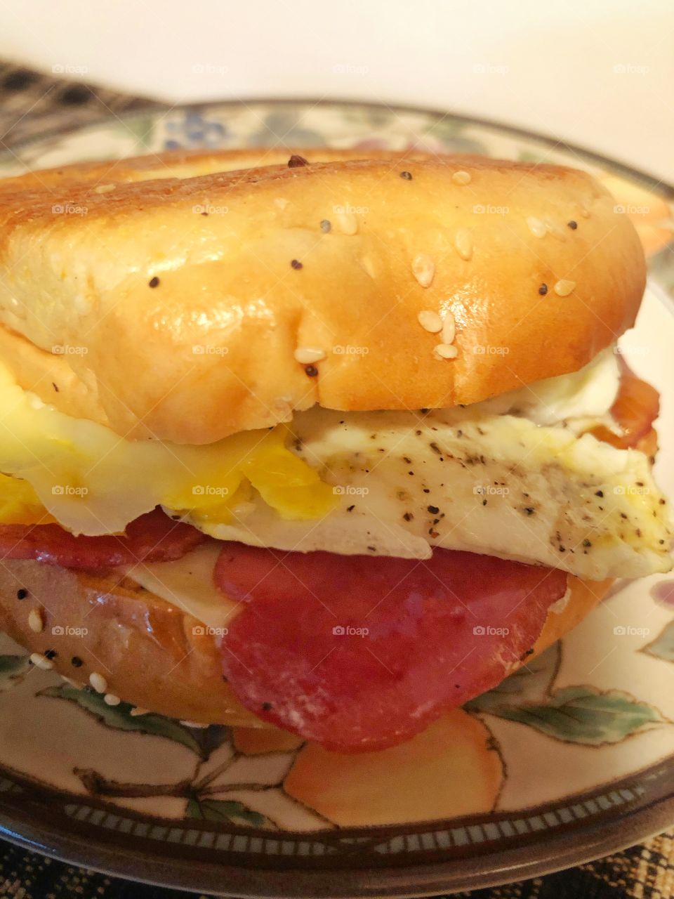 Everything bagel egg turkey bacon & cheese breakfast sandwich 