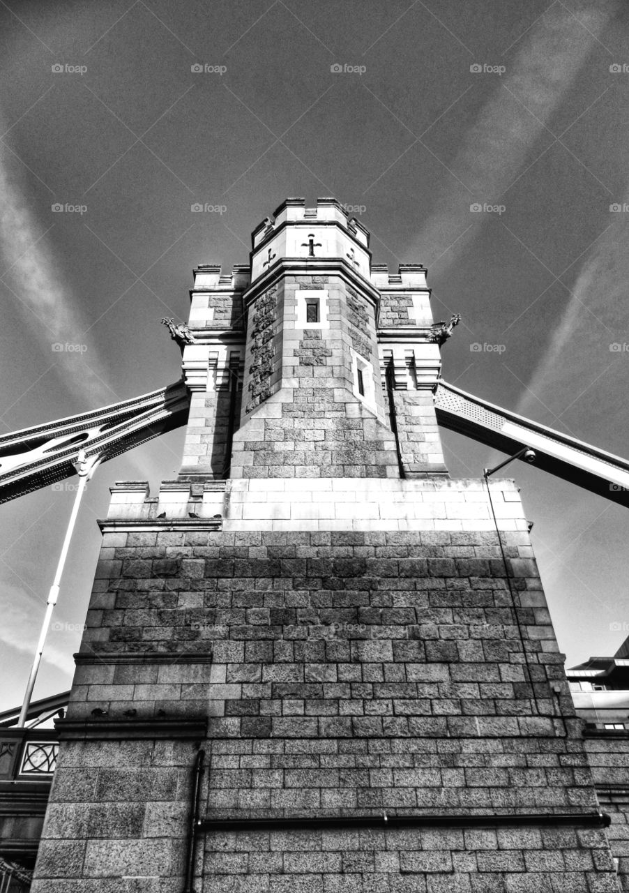 Tower Bridge. Close up of one of the piers/supports from the river below. 