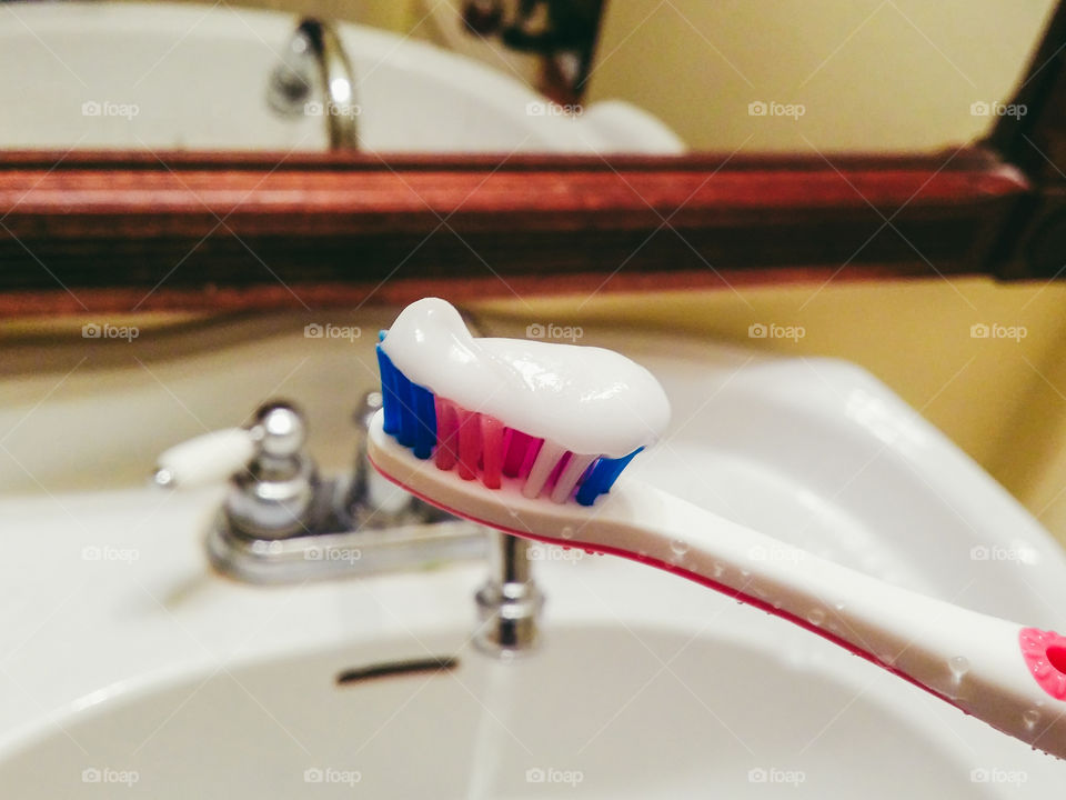 Tooth brush and tooth paste with sink and running water