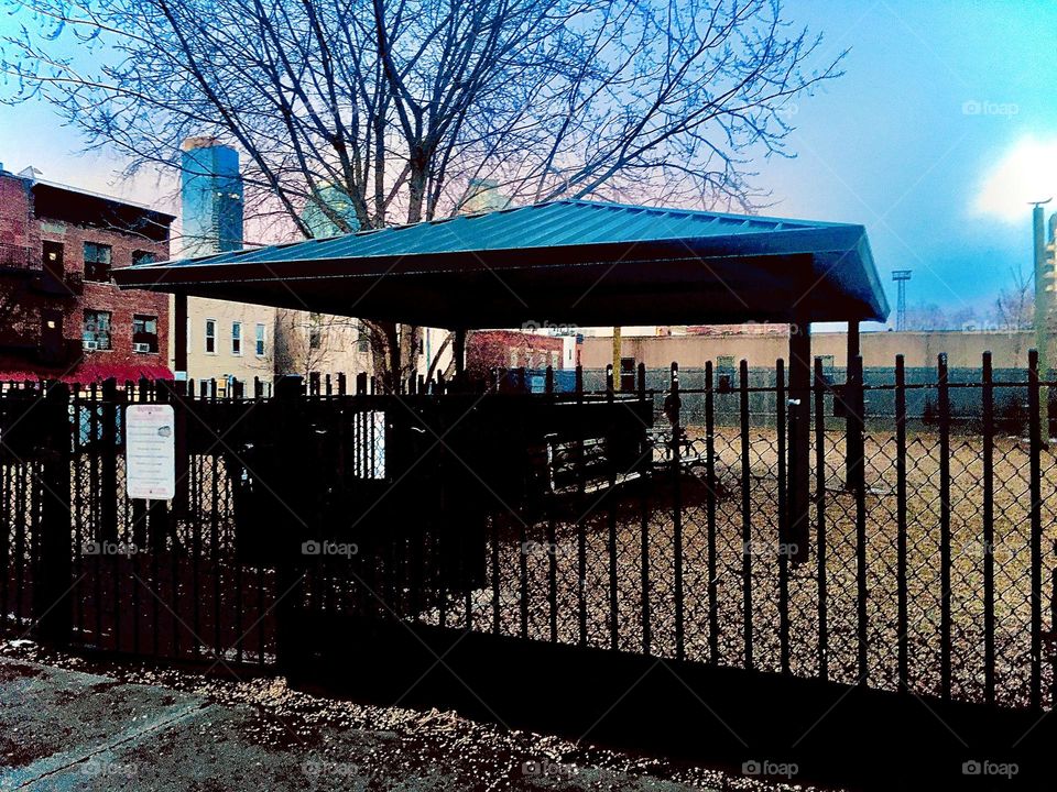 On an outing walking around in the neighborhood in Long Island City, Queens, NY in the late afternoon I came across this structure resembling slightly a Chinese or otherwise Asian pagoda. 2020. Hypnotic Productions