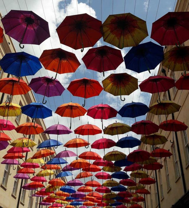 Colourful umbrella display at Bath shopping centre☂️