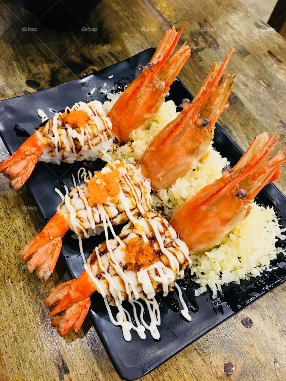 Sushi river prawn with crispy bread with mayonnaise source