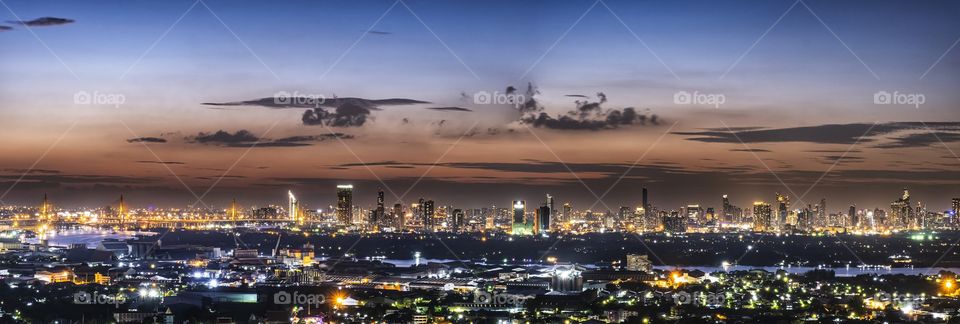 Panorama of Skyscraper night scene in Bangkok Thailand