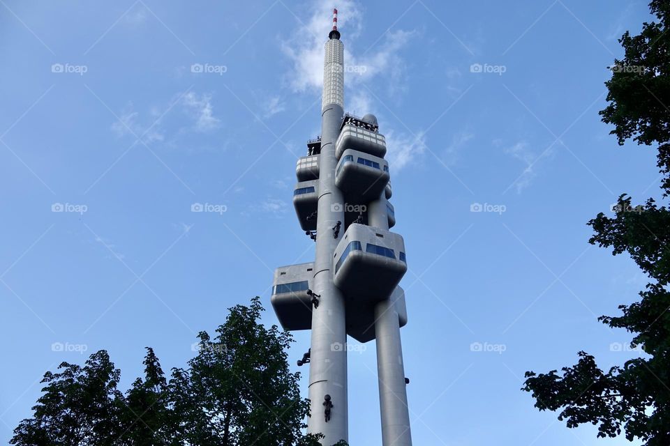 The famous Zizkov Television Tower, unique transmitter tower built in Prague between 1985 and 1992. The tower is an example of high-tech architecture. 