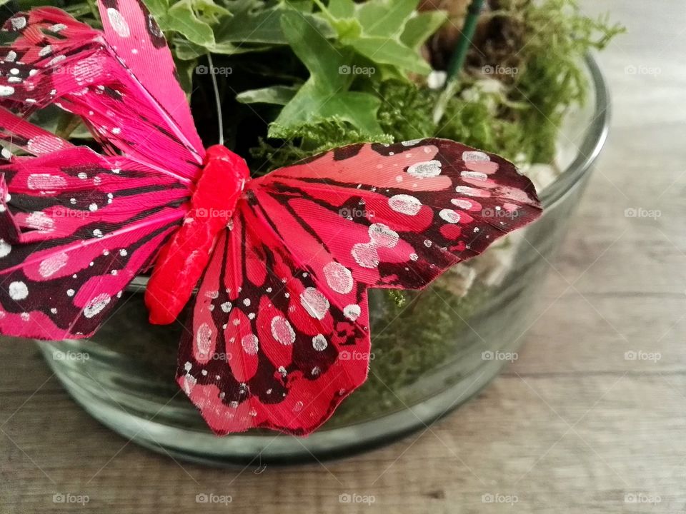 flowers in glass pot with red buterfly
