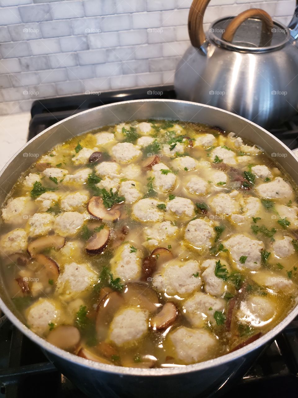 Turkey meatball with mushrooms soup