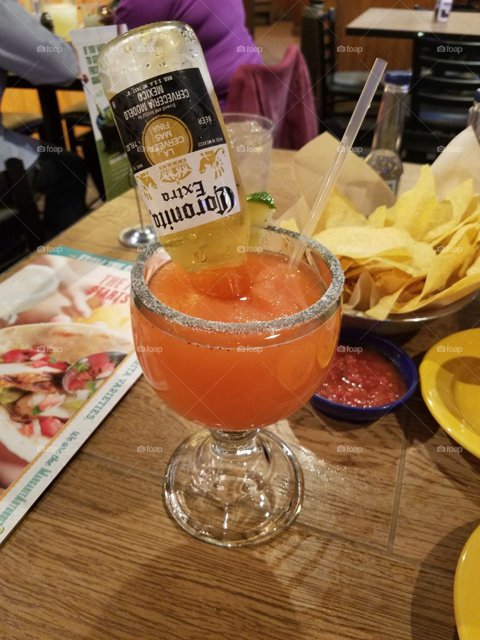 This Coronarita was one of the best darn drinks I've had in a long time. Whoever thought of mixing beer and margaritas is a genius! Then we add a little chips and salsa on the side and BOOM you have the perfect combo.