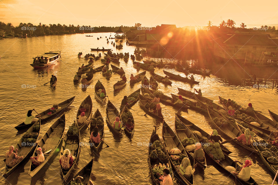 Sunrise at Lokbaintan Floating Market, South Borneo, Indonesia.