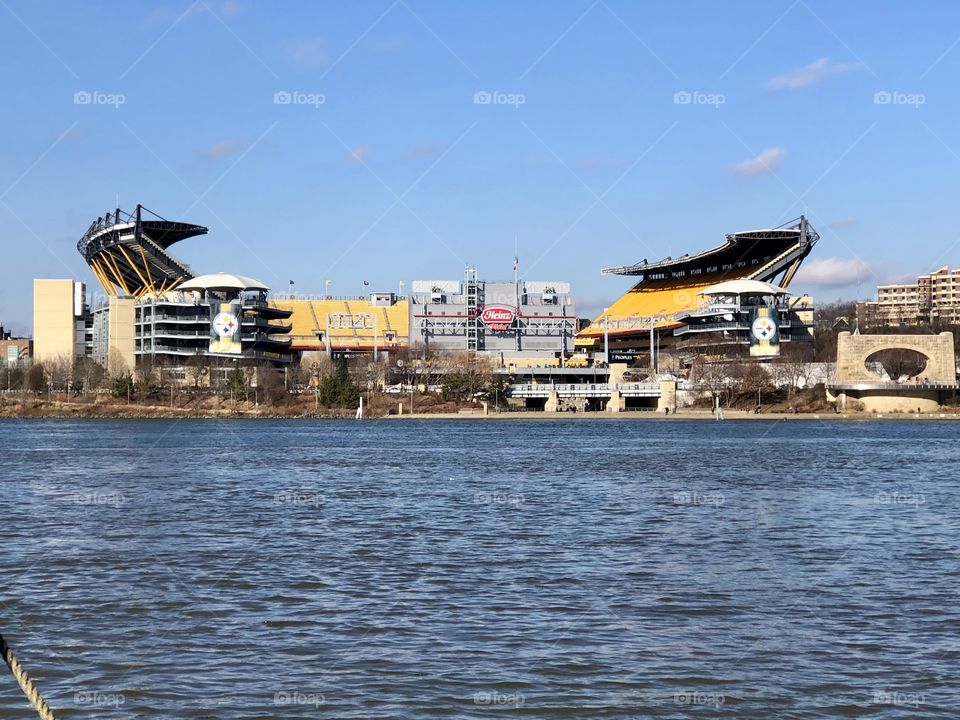 A photograph of Heinz Field in Pittsburgh. A view from the Ferry.