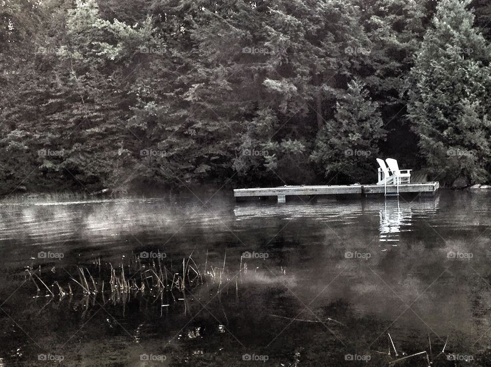 At the cottage . Morning mist at the old lake cottage.