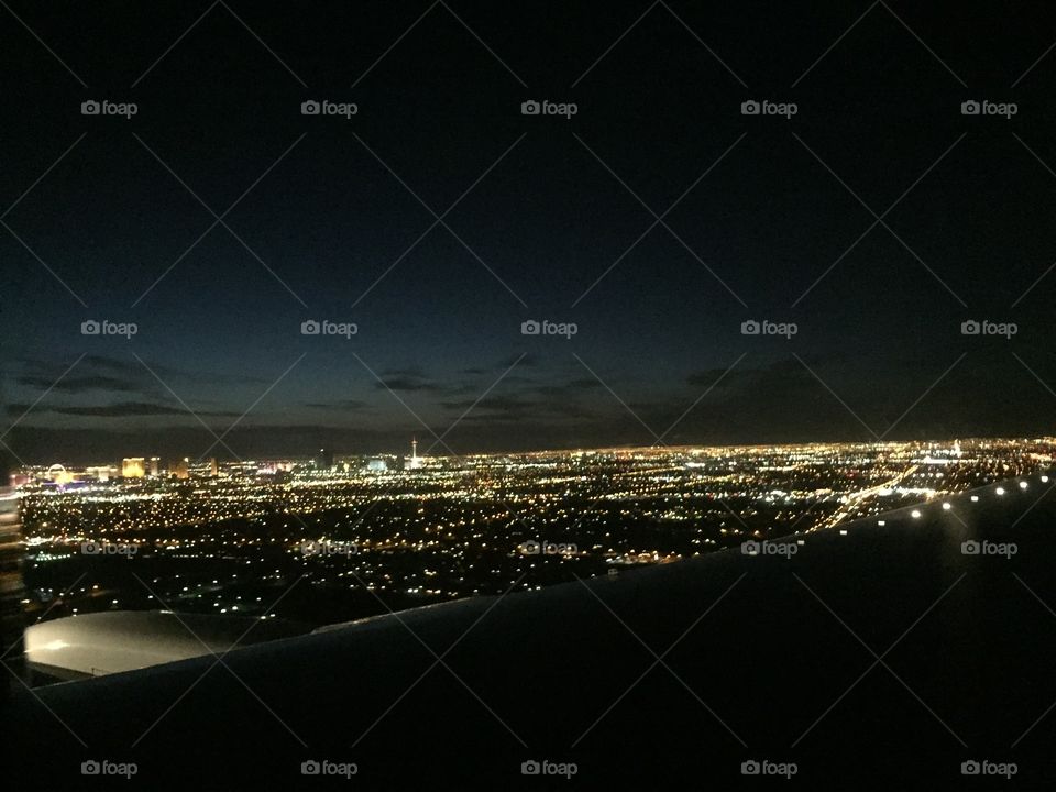 Nighttime skyline over Las Vegas from plane