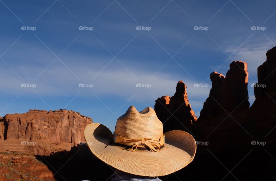 Cowboy looking at canyon