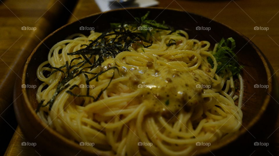 Japanese take on Italian, natto and spicy cod roe spaghetti