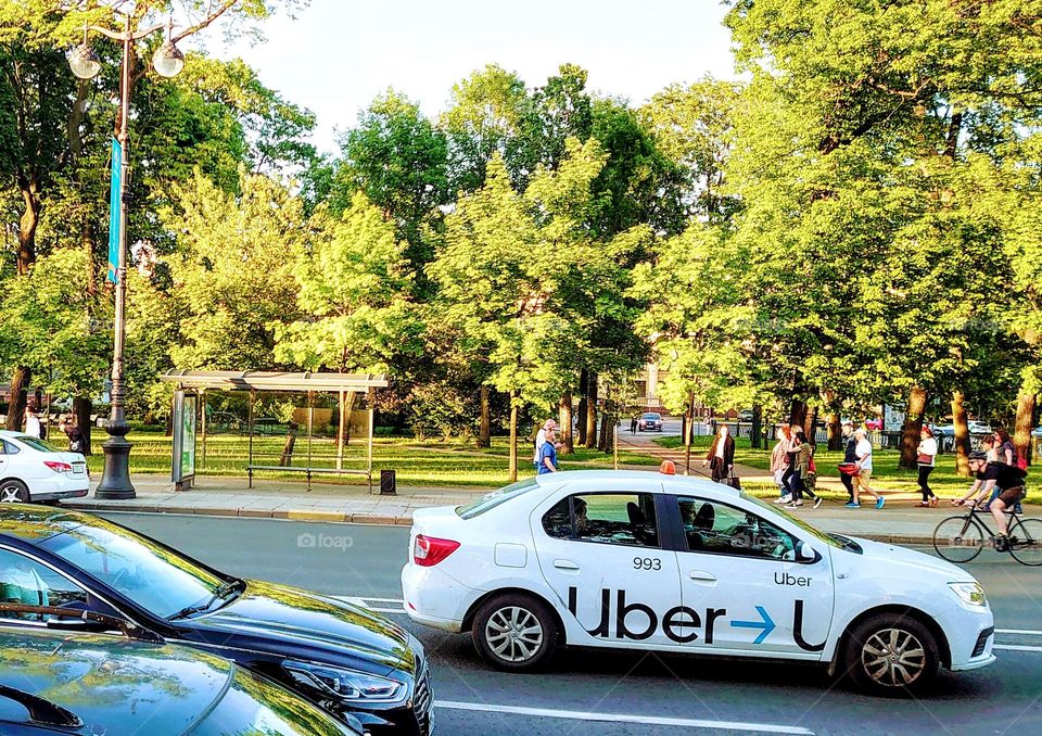 Uber car on Kamennoostrovsky prospect in St. Petersburg, Russia