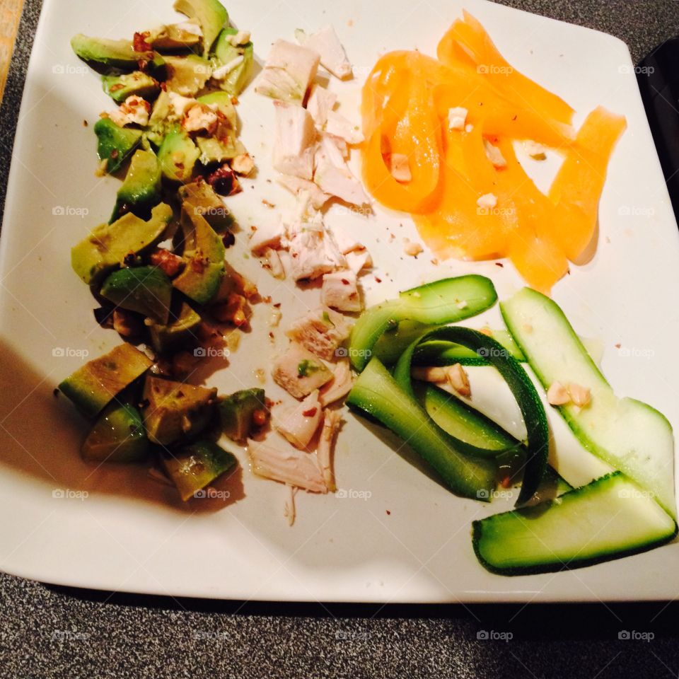 Tastes as good as it looks!
Avocado, poached chicken breast, carrot and courgette ribbons. 