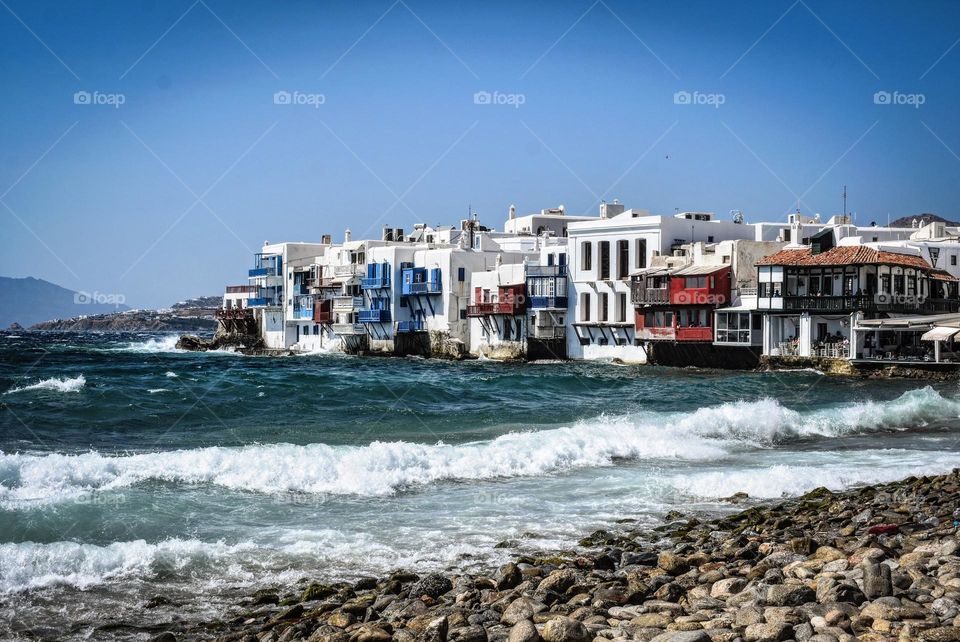 Little Venice of Mykonos, Greece stands against the Mediterranean Sea