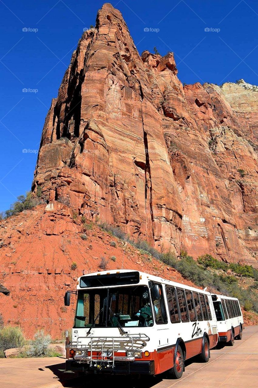 Taking the shuttle bus on vacation at Zion National Park, UT